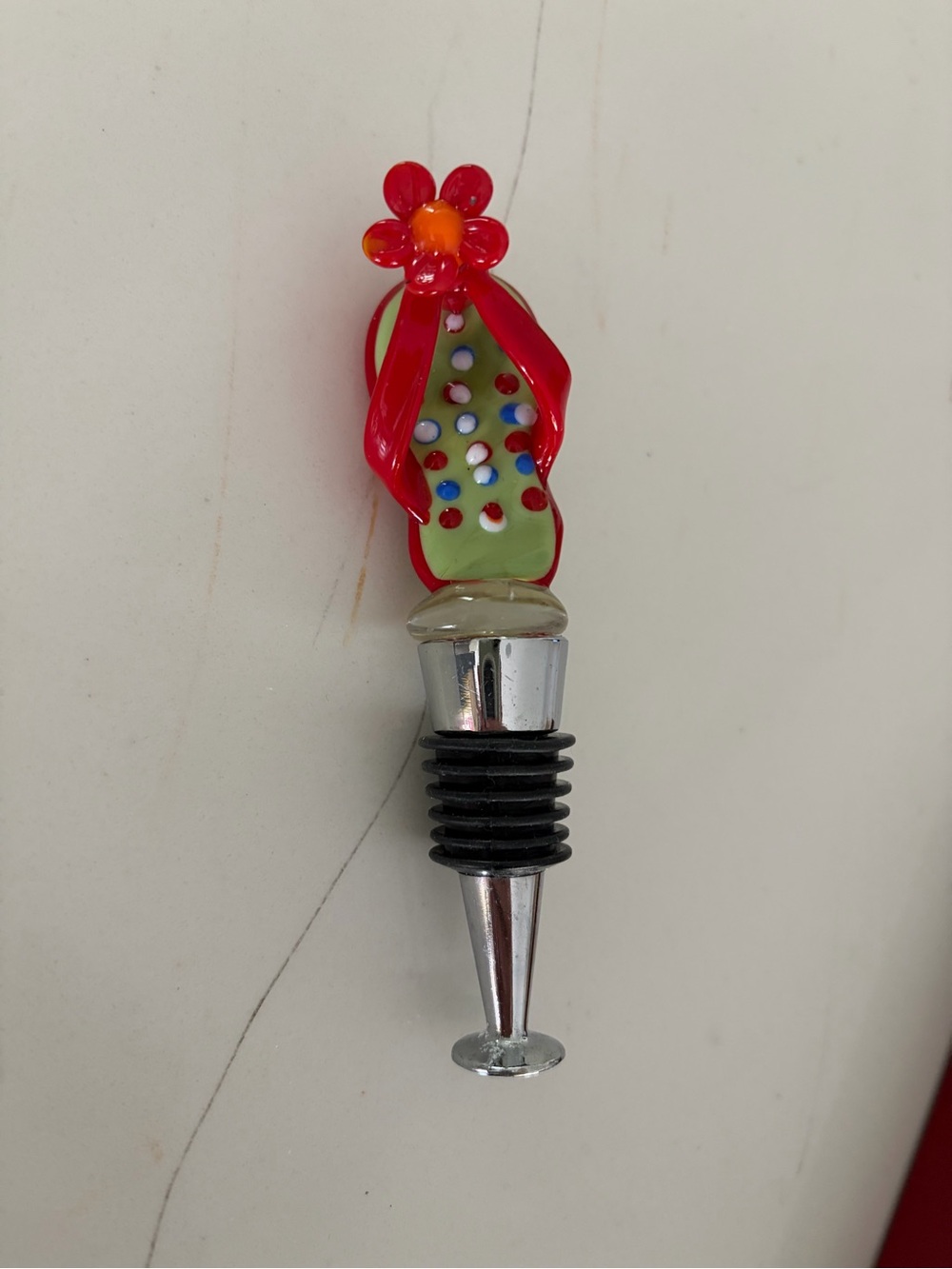 Glass Flip-Flop Wine Stopper with Red Flower Accent